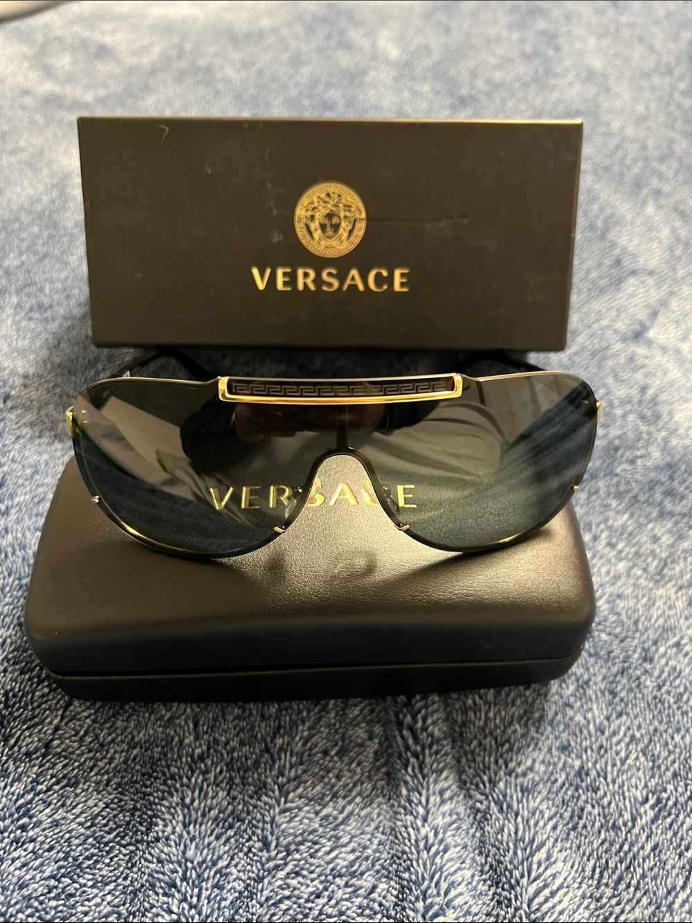 Versace Men’s or Women’s Black and Gold Shield Sunglasses Full Inclusion